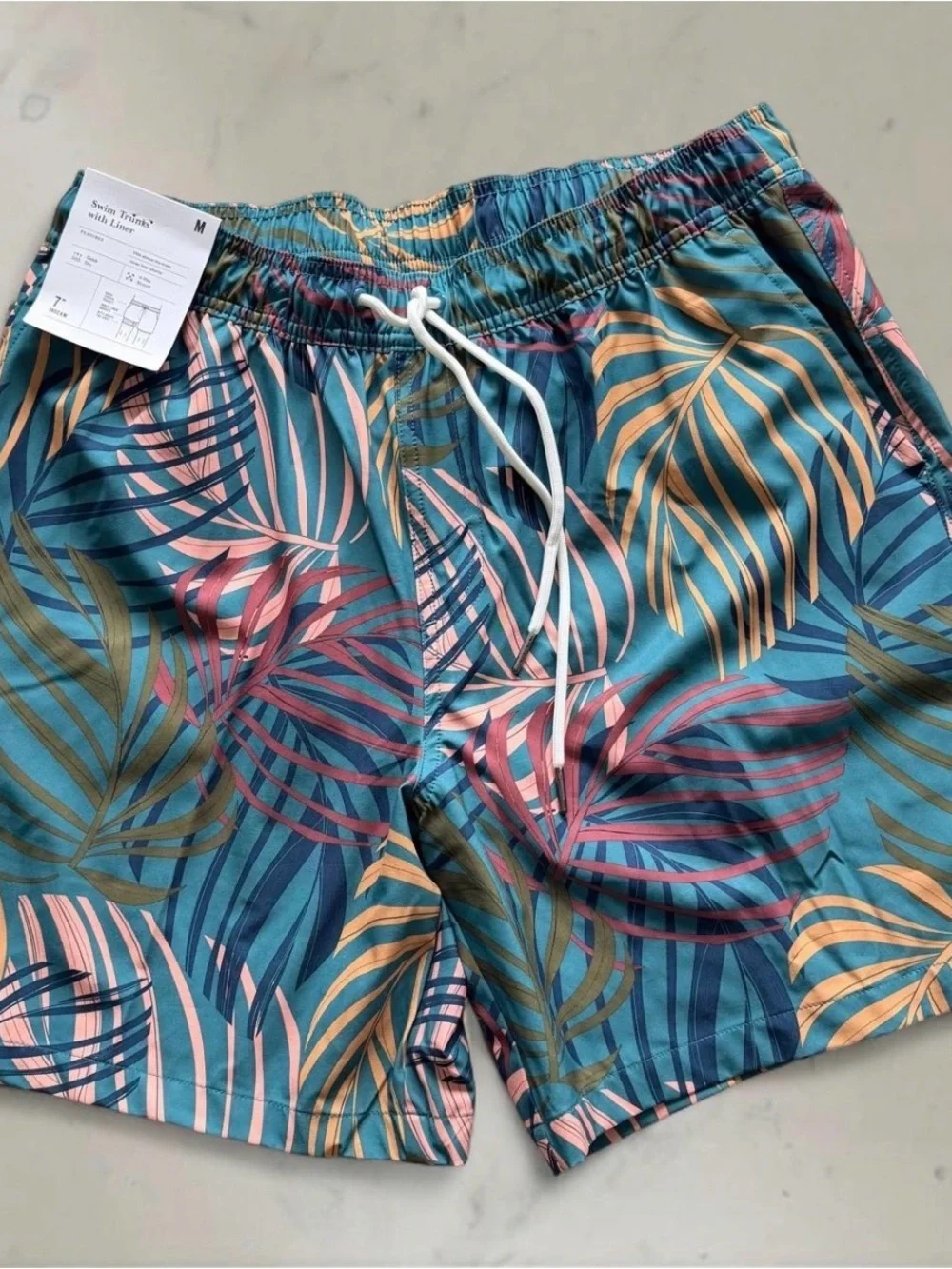 Goodfellow & Co Teal Tropical Palm Print Swim Trunks with Pink & Gold Accents